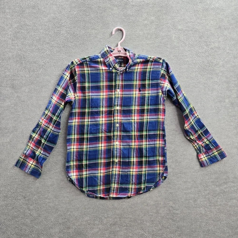 Ralph Lauren Boys Button Up Shirt M(1012) Blue Madras Polo Logo Embroidery Plaid